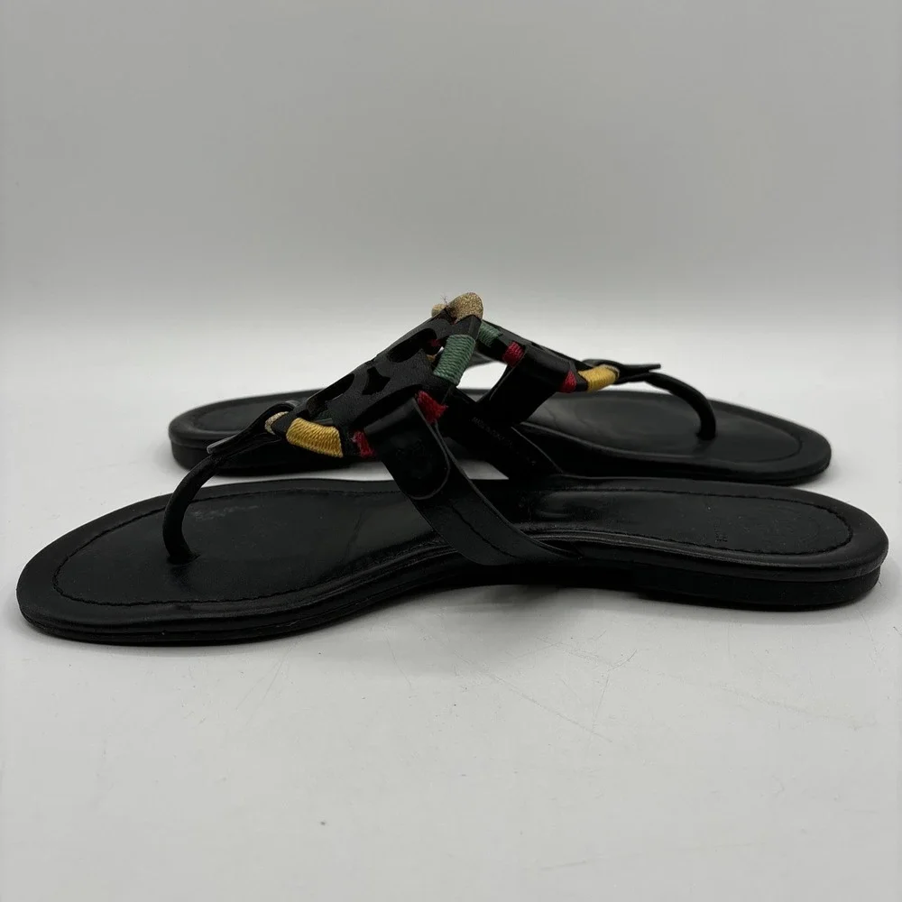 Tory Burch Miller Flats Women's 7 Black Thong Embroidered Colorful Logo Sandals